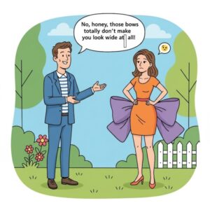 amusing illustration of a man's white lie to a woman about her dress