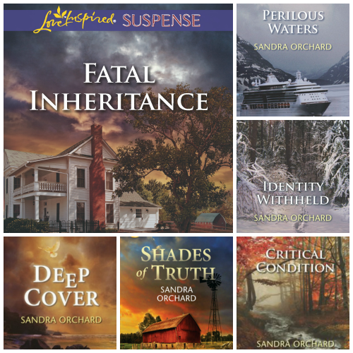 A collage of Sandra Orchard's Award-winning romantic suspense from Love Inspired Suspense