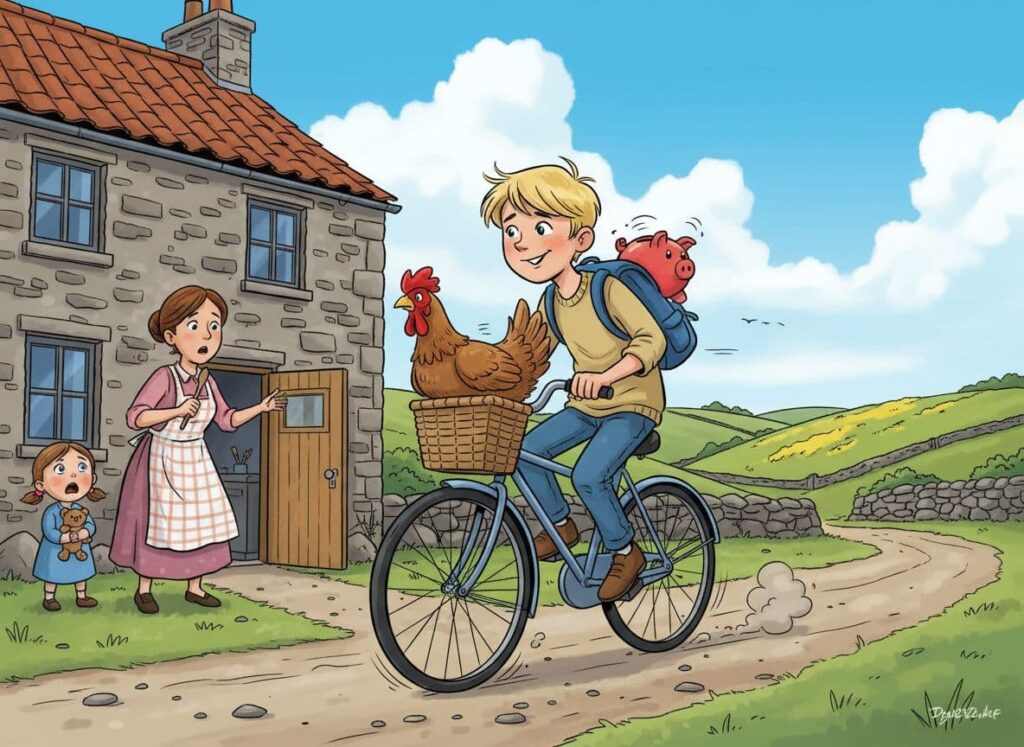 boy riding his bicycle to the vet with his chicken in the basket