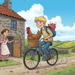 boy riding his bicycle to the vet with his chicken in the basket