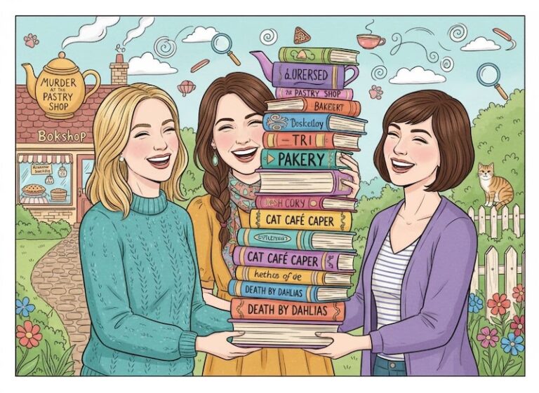 fanciful drawing of 3 female authors holding a stack of cozy mysteries
